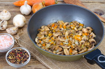 Frying pan with fried mushrooms, vegetarian dishes