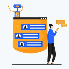 Illustration vector chatbot concept with man character chatting with a robot. Artificial software discussion Customer having Dialog with Chat Bot on Smartphone.