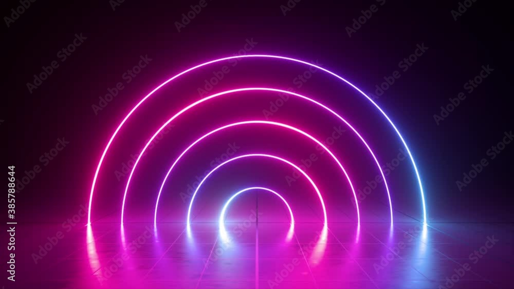 Poster looping animation of glowing neon round lines, rings changing colors in ultraviolet spectrum from pi