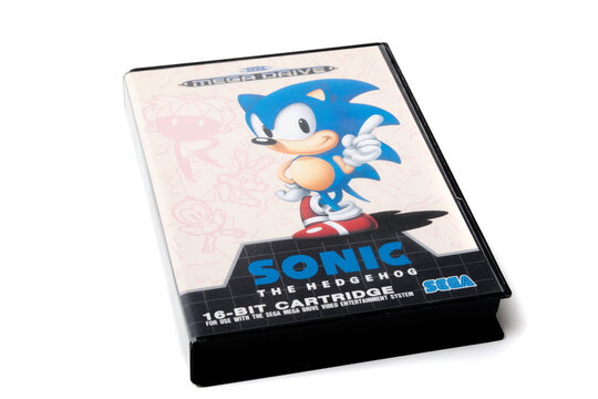 London, United Kingdom, 21st September 2020:- A retro Sega Mega Drive 16-bit gaming console's cartridge for Sonic The Hedgehog isolated on a white background