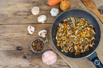 Frying pan with fried mushrooms, vegetarian dishes