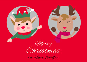 elf and reindeer are in circle hole with happiness with Christmas invitation card design