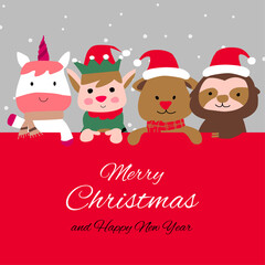 Fototapeta na wymiar Snowman penguin and santa cluas are happy emotion with Christmas invitation card design