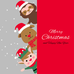 elf puppy sloth are happy emotion with Christmas invitation card design