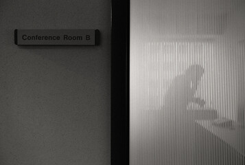 Businessman on phone in board room seen through frosted glass