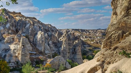 Fototapeta na wymiar Fabulous natural volcanic tuff formation with cave rock houses in Open-air Museum Goreme,Cappadocia valley,Turkey