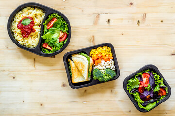 Layout of takeout food. Restaurant delivery menu background