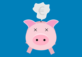 Hucha de cerdo vacía en fondo azul.