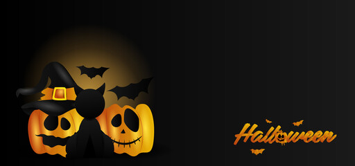 Halloween black cat, pumpkin and bats background design vector