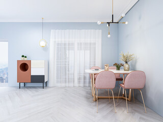 In a clean and tidy dining room, there is a table and a side table behind it