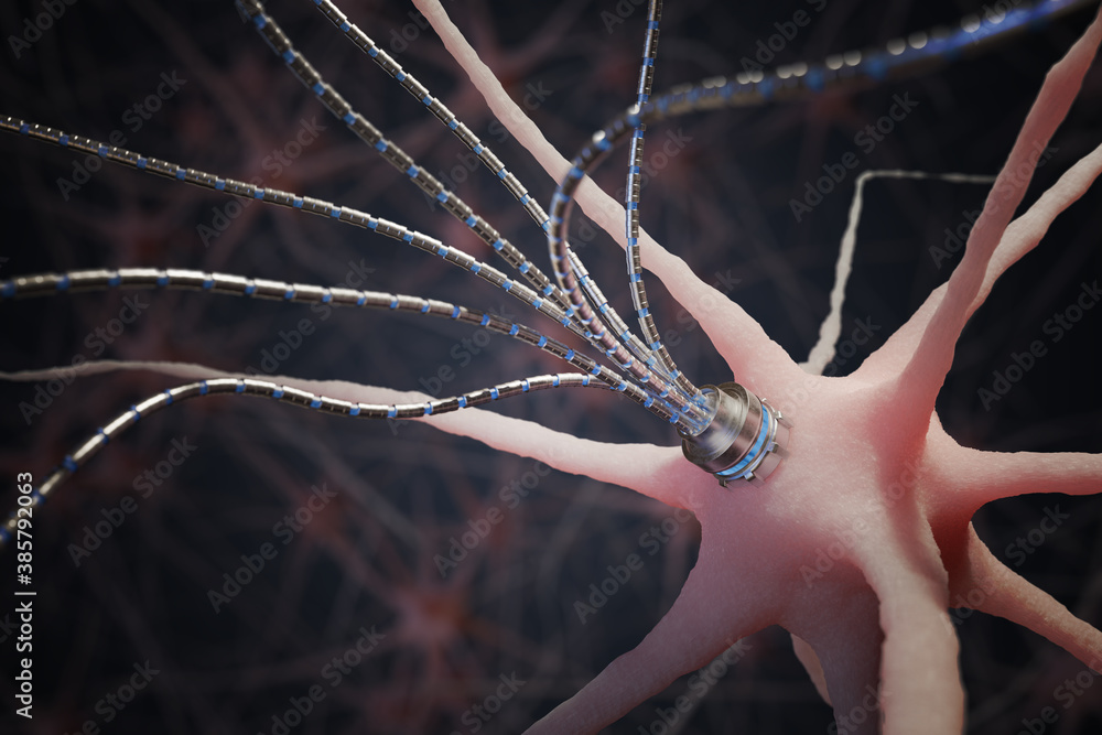Aufkleber nano technology concept. micro robotic artificial axon on neuron in neural network. 3d rendered illu