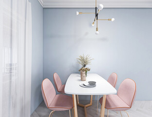 In a clean and tidy dining room, there is a table and a side table behind it