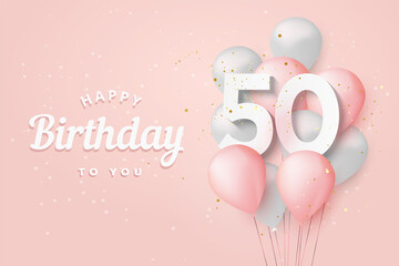 Happy 50th birthday balloons greeting card background. 50 years anniversary. 50th celebrating with confetti. Vector stock
