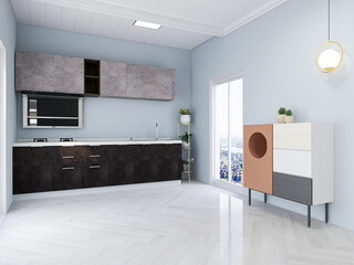 Open kitchen, there are stove, kitchenware, bar and other facilities