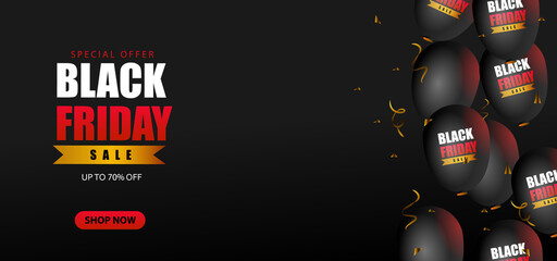 Black friday special offer with balloons and confetti decoration background design vector