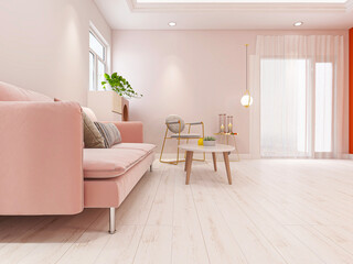 There are sofa, table and other facilities in the modern and tidy living room