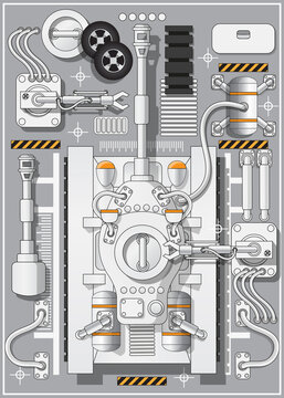 Maintenance Of A Battle Tank. Industrial Robots. View From Above. Vector Illustration.