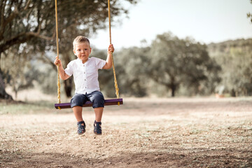 Cute blond toddler on the swing