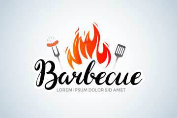 barbecue calligraphy brush logo with bbq logotype and fire concept in combination with spatula. Barbecue party logo, party invitation template. Vector illustration.