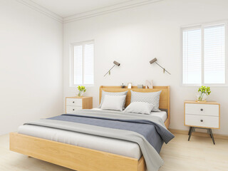 The clean bedroom has a solid wood bed and dresser