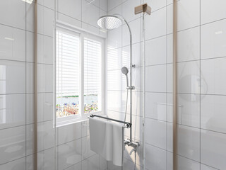 The modern and tidy bathroom has a bathtub and a washstand. Very neat