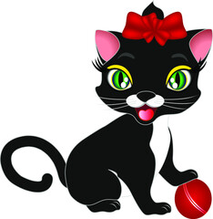 Cartoon black cat playing with a ball.