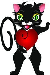 Cartoon black cat with a heart.