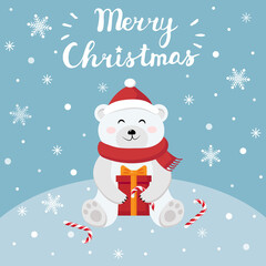 Cute polar bear. Merry Christmas card. Vector illustration