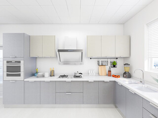 Open kitchen, there are stove, kitchenware, bar and other facilities