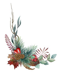 Floral winter arrangement watercolor illustration. Hand drawn natural Christmas decor with pine, cone, eucalyptus branch, acorn oak leaves and berries. Seasonal decoration isolated on white background