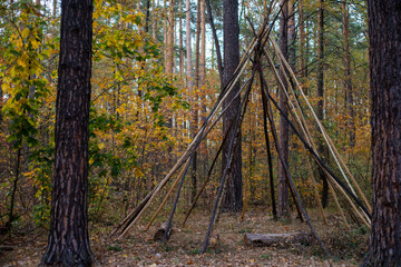 Photo of an abandoned teepee in the woods