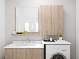The modern and tidy bathroom has a bathtub and a washstand. Very neat