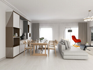 The dining room of modern design has wooden table and so on