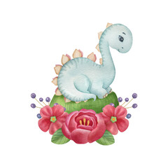 Cute little dinosaur with flower composition on the light background. Watercolor isolated cartoon kids illustration. Ideal for invitation, poster, home decor, packaging design, print.