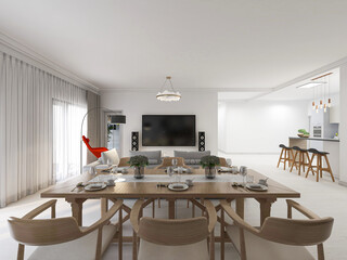 The dining room of modern design has wooden table and so on