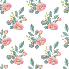 Watercolor floral seamless pattern on the light background. Hand-painted illustration with elegant flowers, leaves and buds.