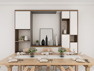The dining room of modern design has wooden table and so on