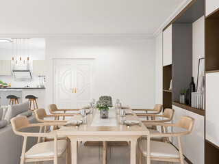 The dining room of modern design has wooden table and so on