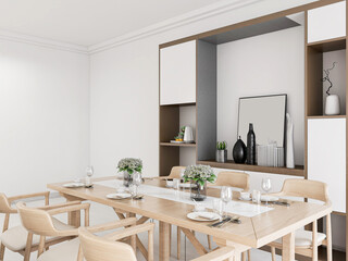 The dining room of modern design has wooden table and so on