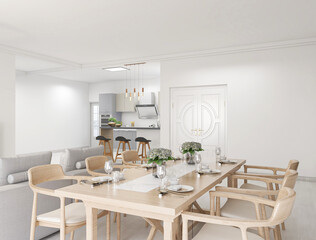 The dining room of modern design has wooden table and so on