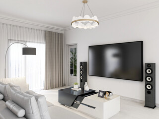 The modern and tidy living room has sofa, living room and other decorations