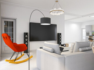 The modern and tidy living room has sofa, living room and other decorations