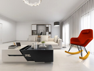 The modern and tidy living room has sofa, living room and other decorations