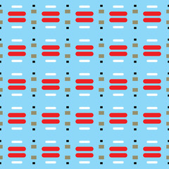 Vector seamless pattern texture background with geometric shapes, colored in blue, red, white, black colors.