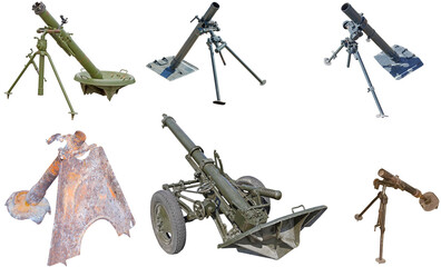 different type of mortar cannon gun on white