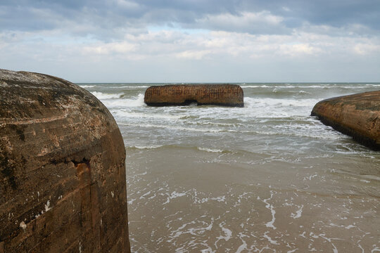 Some German bunkers from the Second World War, the defense system is made of steel and concrete, the building is surrounded by sea water. Denmark, Vigso.