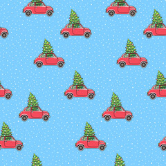 Vector seamless pattern with funny red car carring christmas tree inside, snowflakes falling down