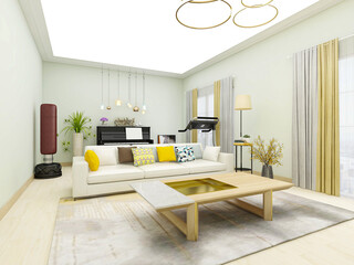 The modern and tidy living room has sofa, living room and other decorations