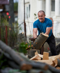 Farmer splitting logs