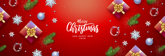 Merry Christmas and Happy New Year greeting card. Top view Christmas holiday background with fir tree, snowflakes, glass balls, gift boxes and stars